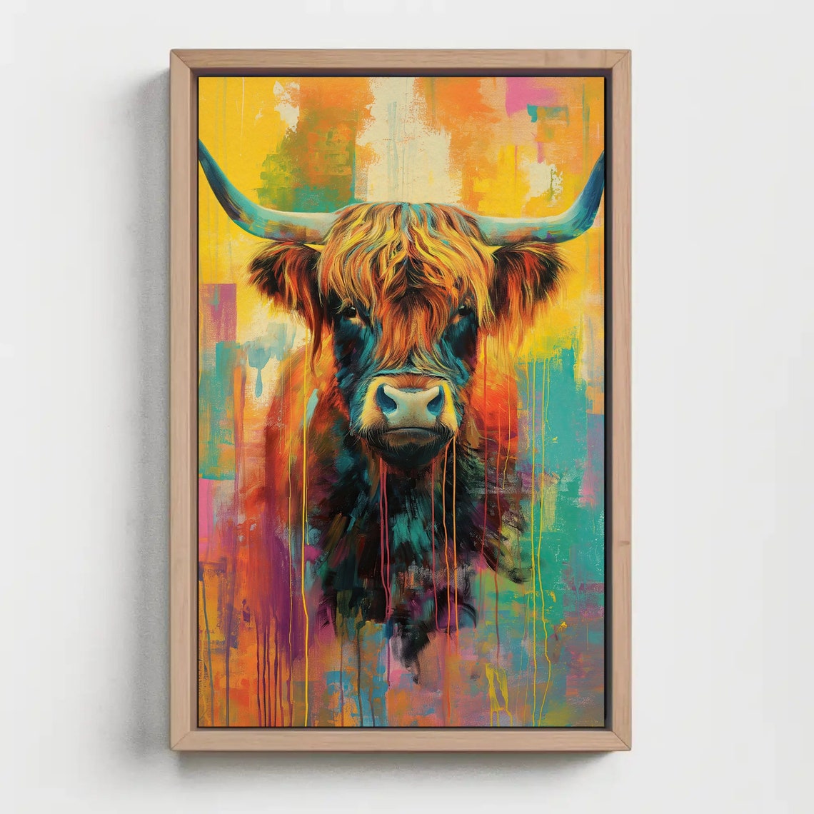 Colorful Highland Cow Portrait Poster With Paint Drip Style Art