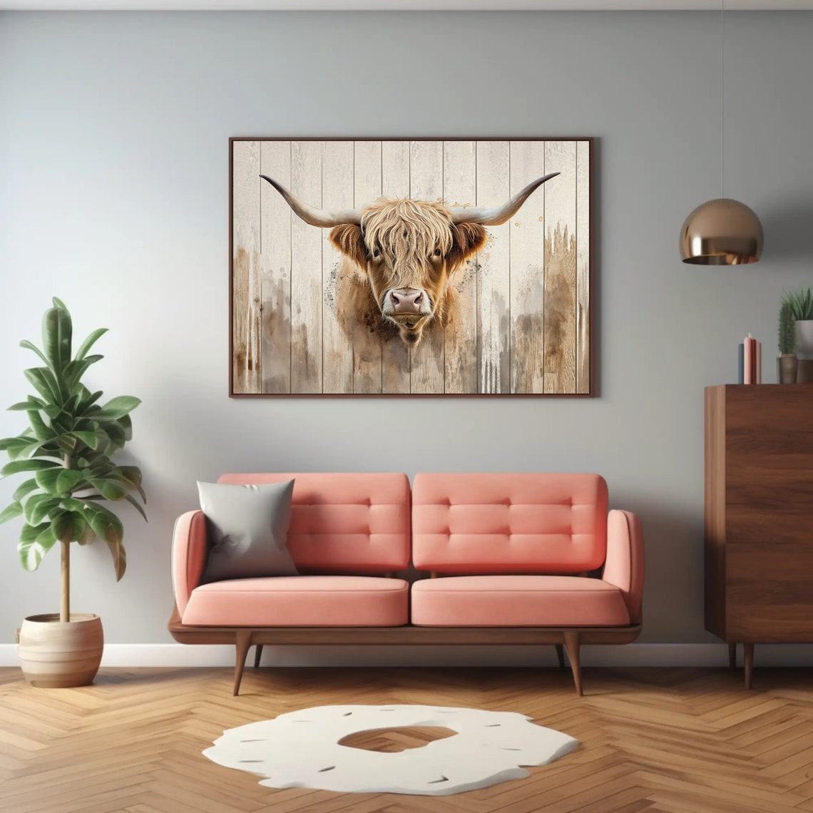 Shaggy Highland Cow Portrait On Rustic Whitewashed Wood Poster - Image 3