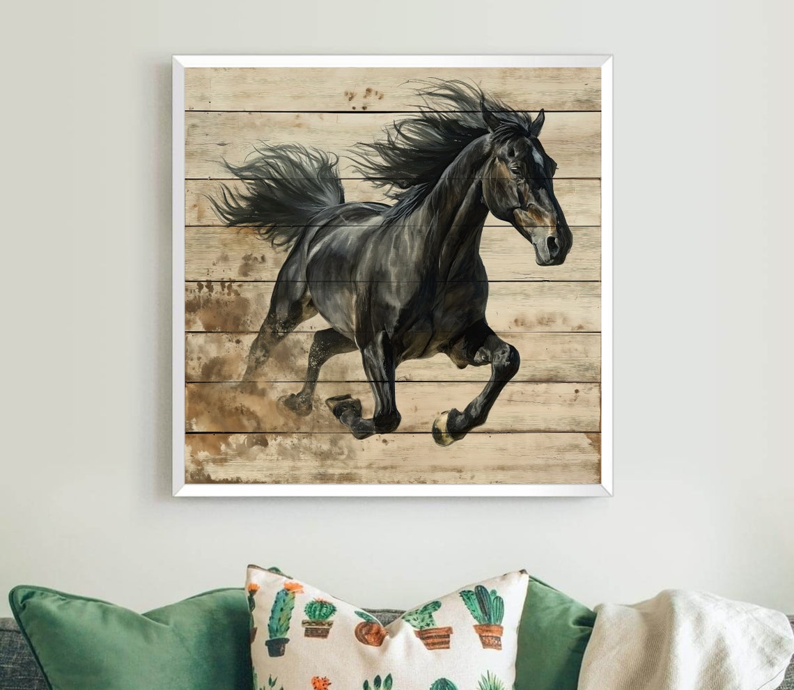 Galloping Black Stallion Horse Rustic Wood Panel Wall Poster - Image 3