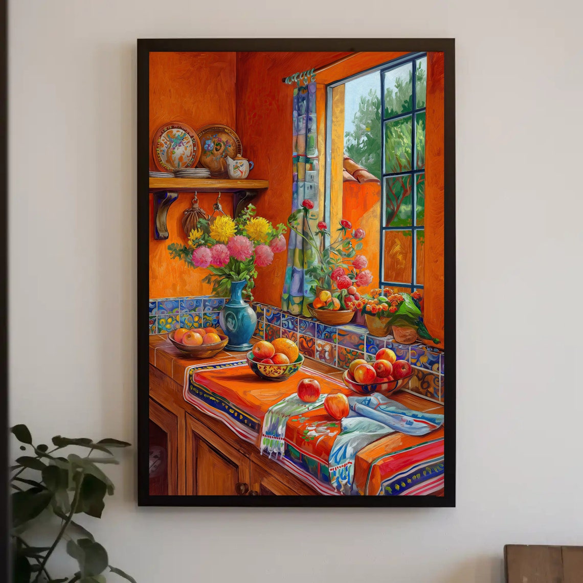 Vibrant Mexican Kitchen Interior With Blue Talavera Tiles Poster
