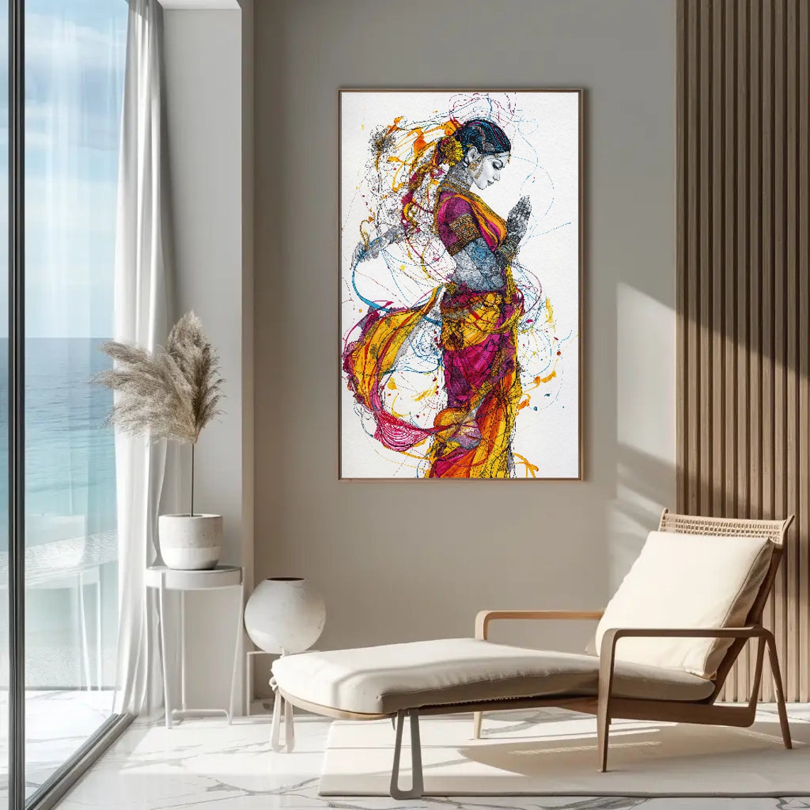 Indian Woman in Namaste Greeting Pose Abstract Line Art Poster - Image 3