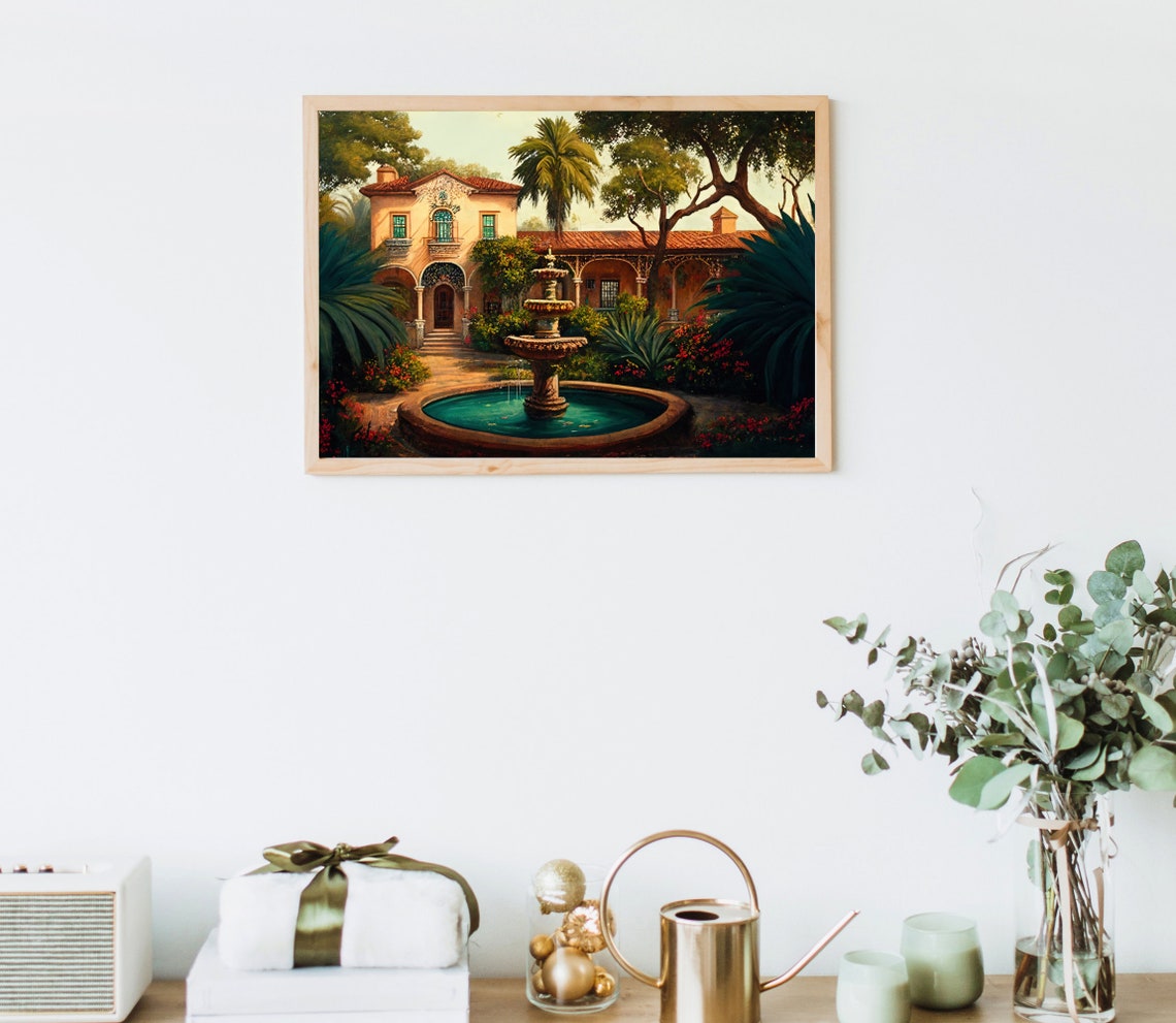 Elegant Mexican Hacienda Courtyard With Fountain And Palm Trees Poster - Image 5