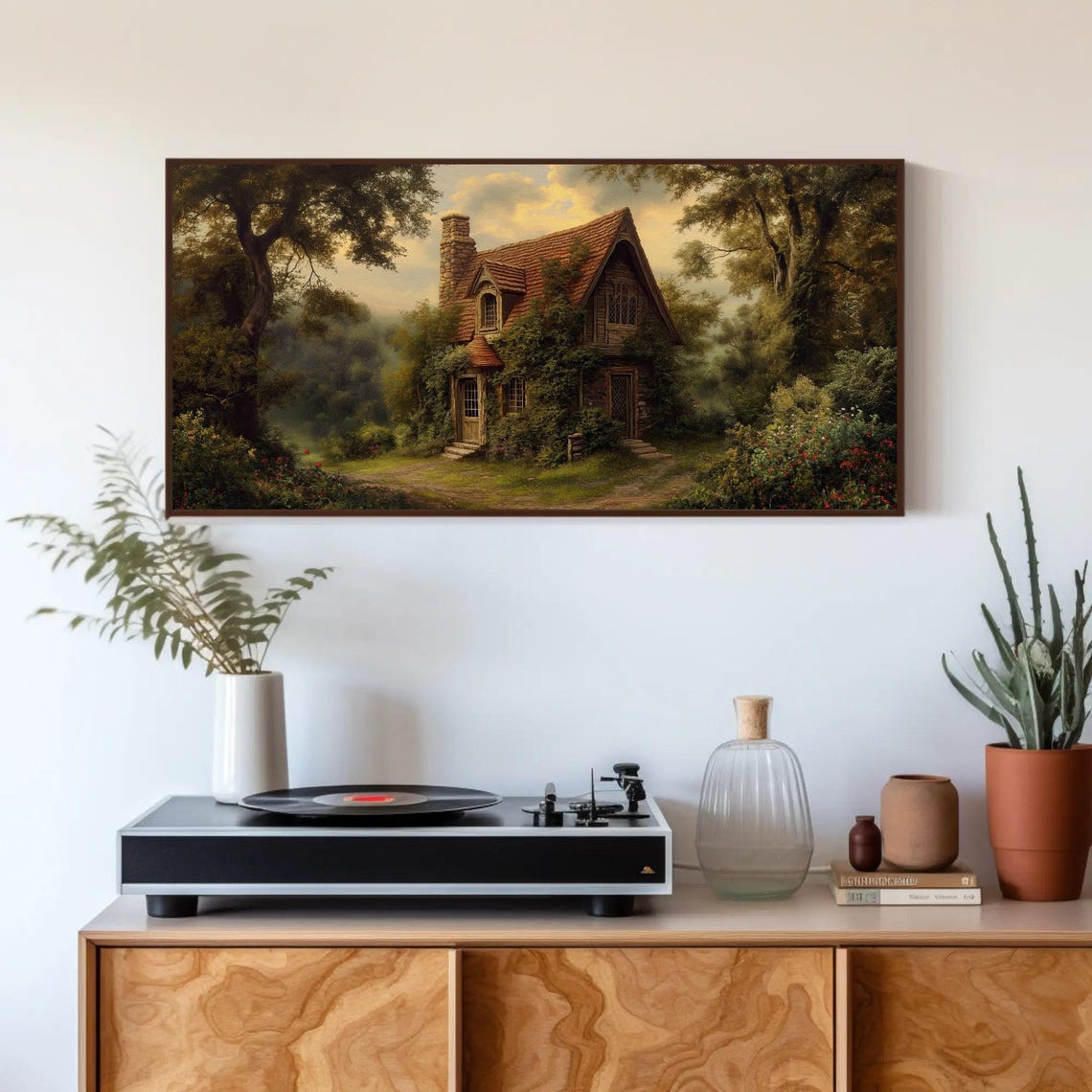 Victorian Stone Cottage in Forest at Sunset Vintage Art Poster - Image 3