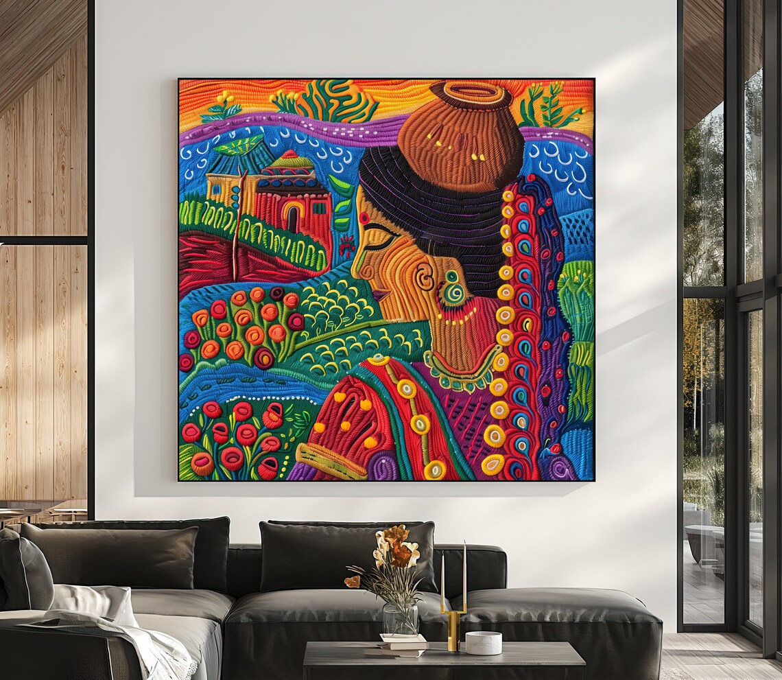 Indian Village Woman Embroidered Yarn Art Poster Water Pot on Head - Image 5