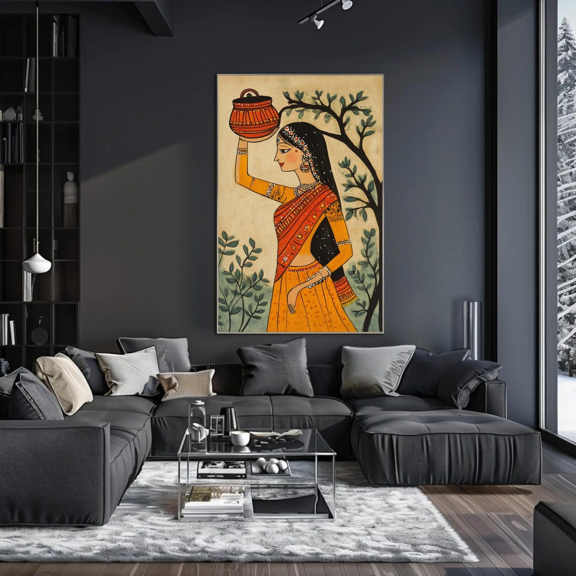 Madhubani Style Indian Woman Carrying a Water Pot on Her Head Poster - Image 2