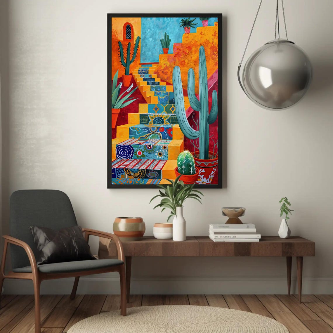Colorful Mexican Tiled Stairs With Cacti Vibrant Folk Art Poster - Image 3