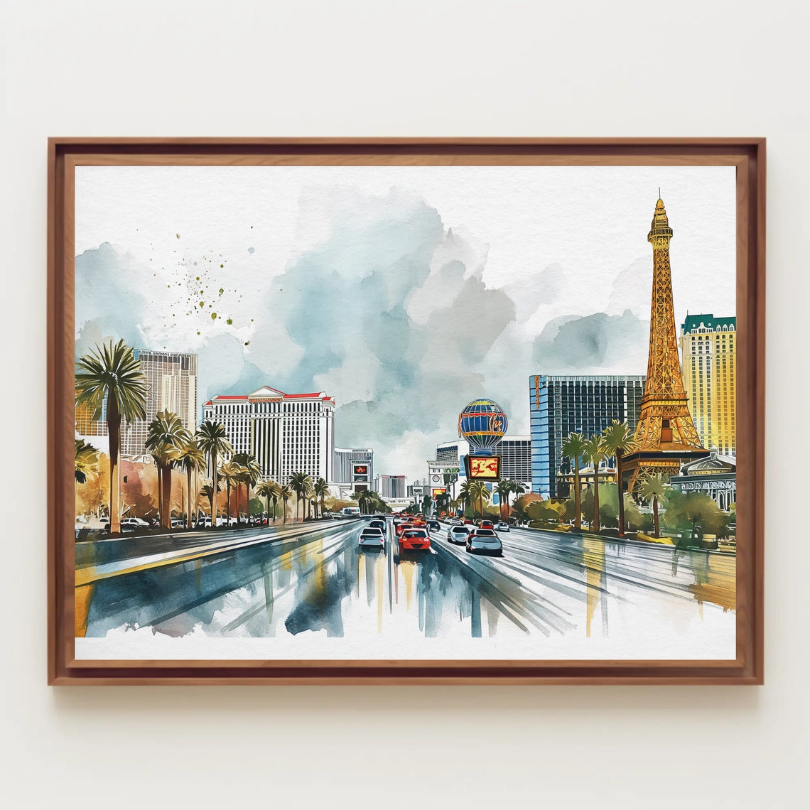 Las Vegas Strip Watercolor with Eiffel Tower Replica Night Poster - Image 5