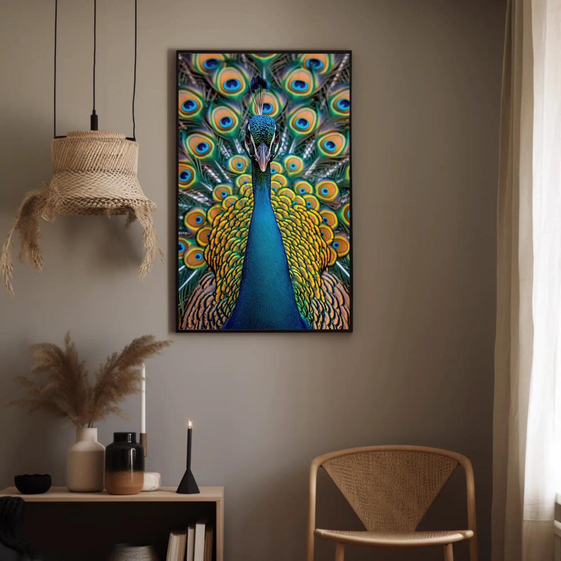 Peacock Fanned Feathers Front Portrait Vivid Wildlife Poster - Image 3