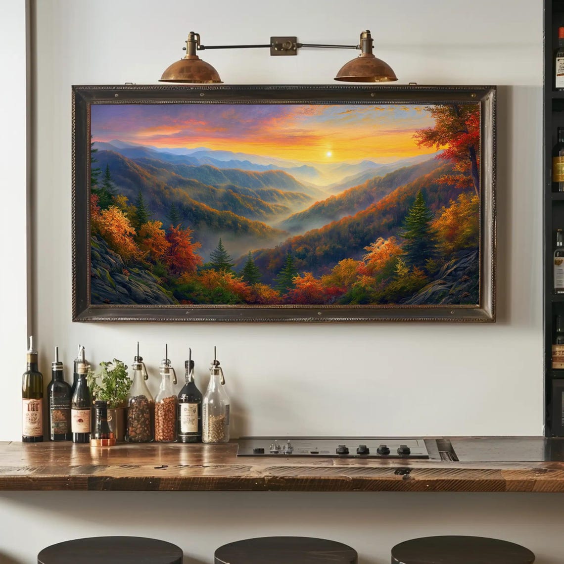 Sunset Valley Autumn Mountain Panorama Landscape Painting Poster - Image 2