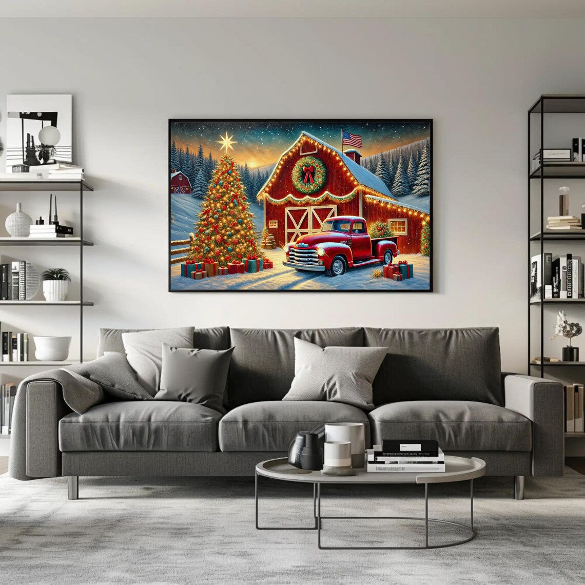 Vintage Red Truck And Red Christmas Barn With Flag Scene Poster - Image 5