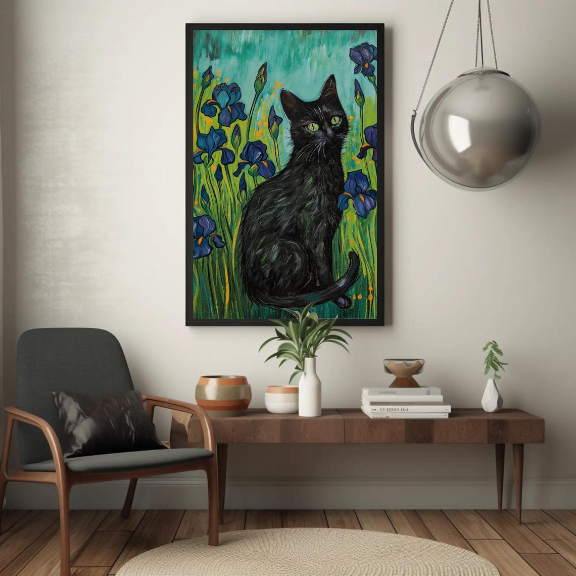 Black Cat Sitting Among Purple Irises Van Gogh Style Cute Pet Poster - Image 5