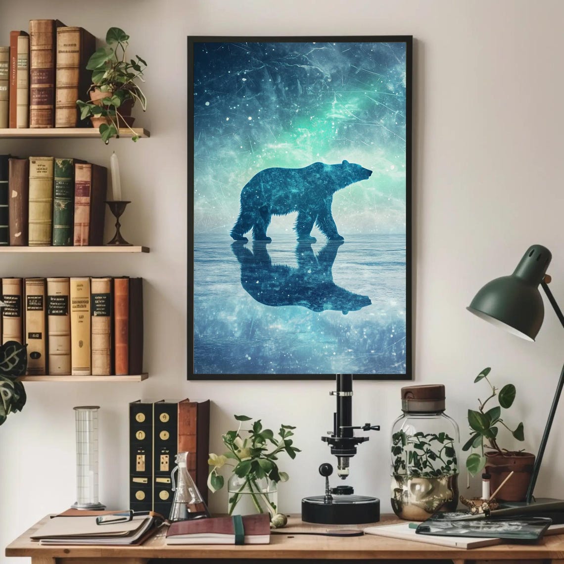 Polar Bear Silhouette on Ice Under the Northern Lights Poster - Image 2
