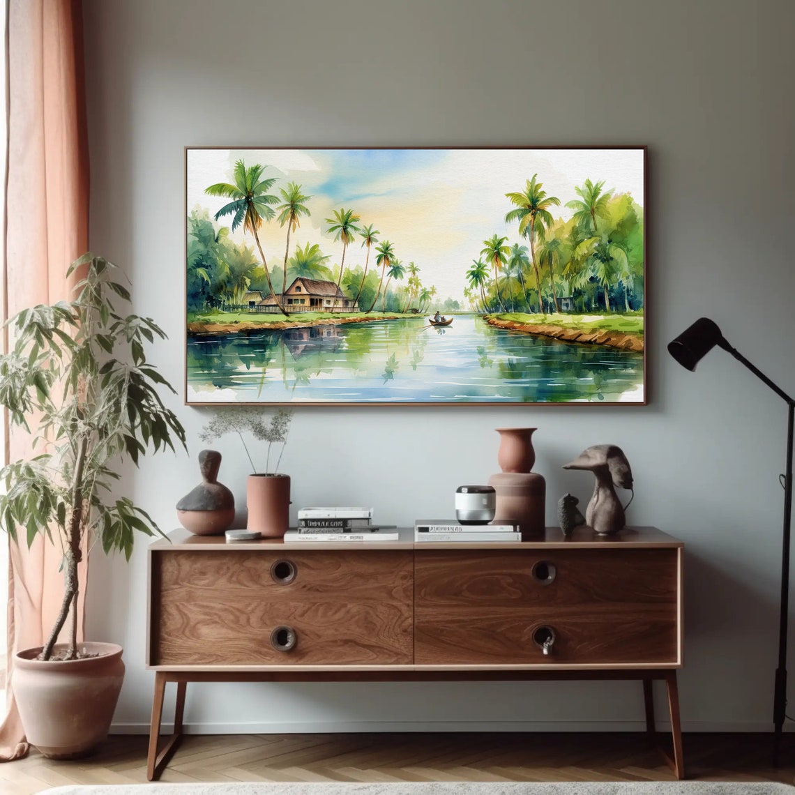 Kerala Backwaters Watercolor Palm Trees River India Landscape Poster - Image 4
