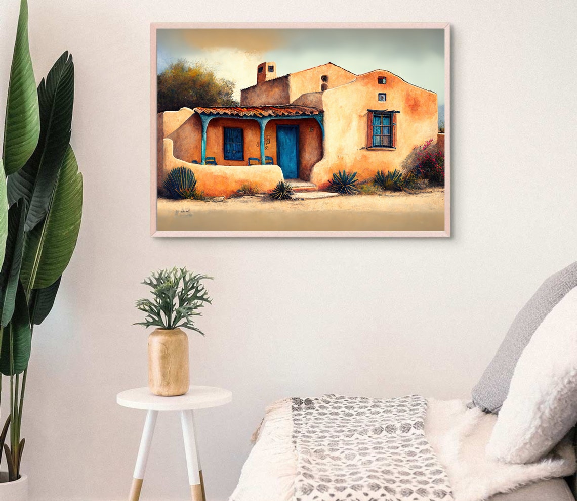 Adobe Pueblo House Blue Doors Desert Plants Southwestern Art Poster - Image 4