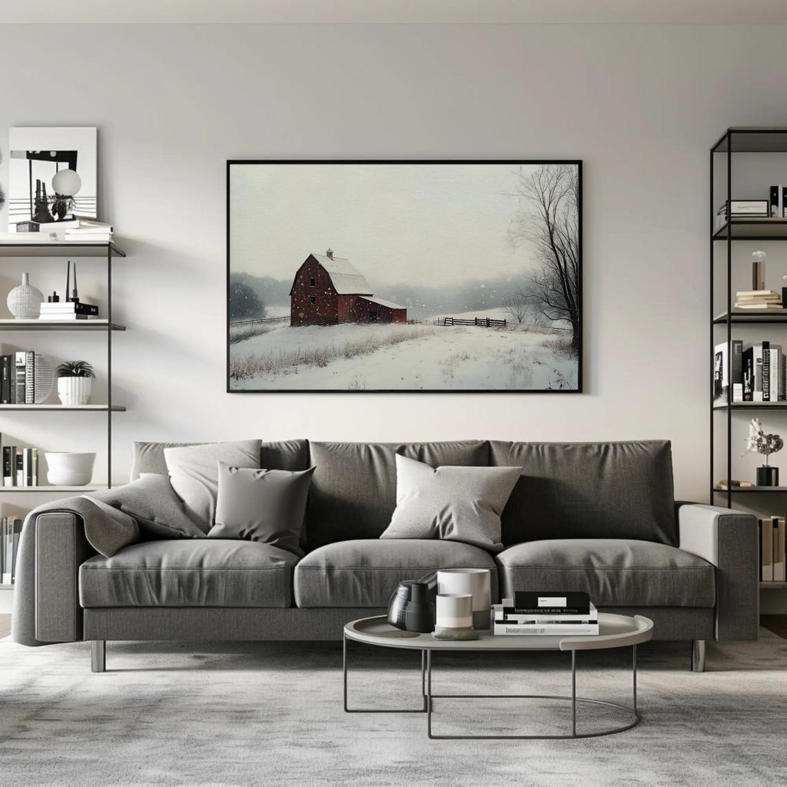 Rustic Red Barn In Softly Falling Snow By A Wooden Fence Poster - Image 2