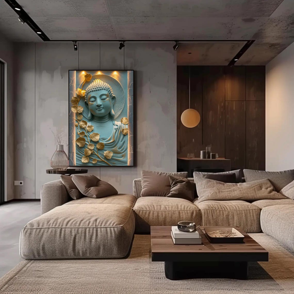 Serene Blue Buddha Bust Adorned With Golden Bodhi Leaves Poster - Image 2