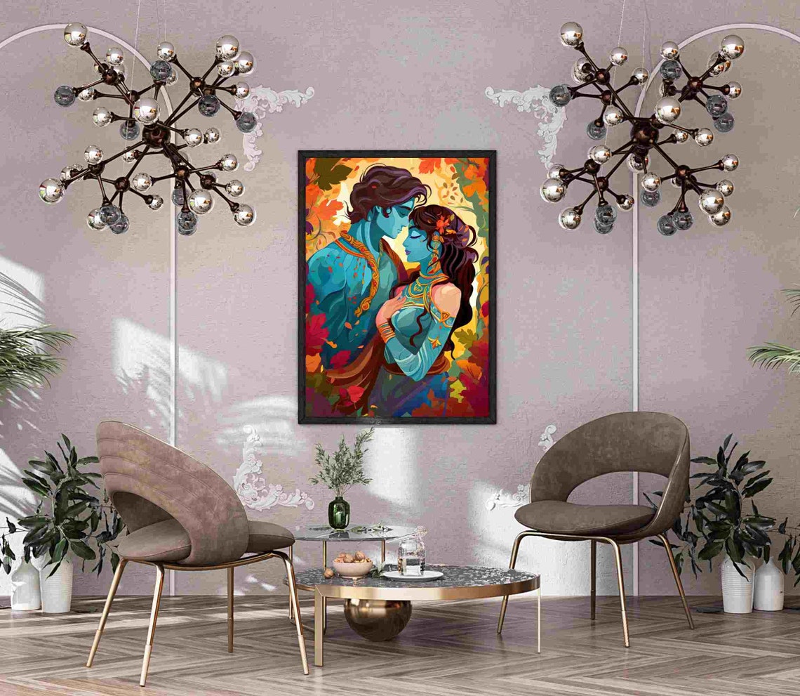 Krishna and Radha Divine Embrace Among Autumn Leaves Art Poster - Image 3