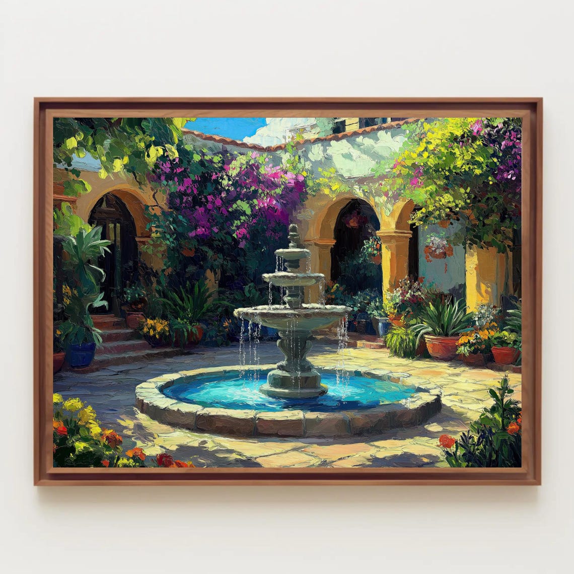 Mexican Villa Courtyard Stone Fountain Bougainvillea Sunny Day Poster - Image 3
