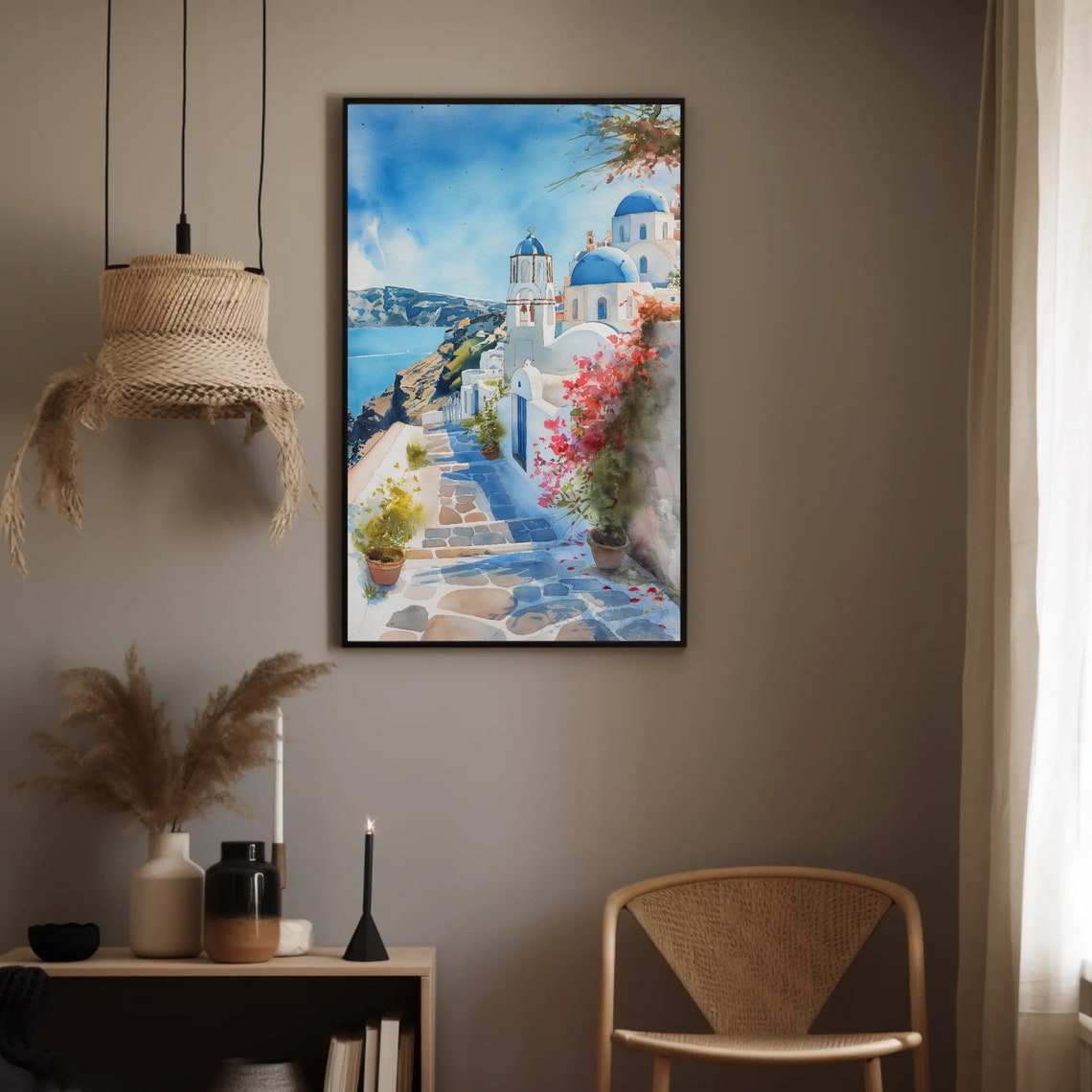 Santorini Greece Blue Domes On Cliff Path Watercolor Travel Poster - Image 4