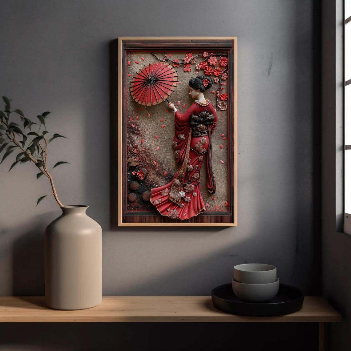 Japanese Geisha In Red Kimono With Umbrella 3D Clay Art Poster - Image 4
