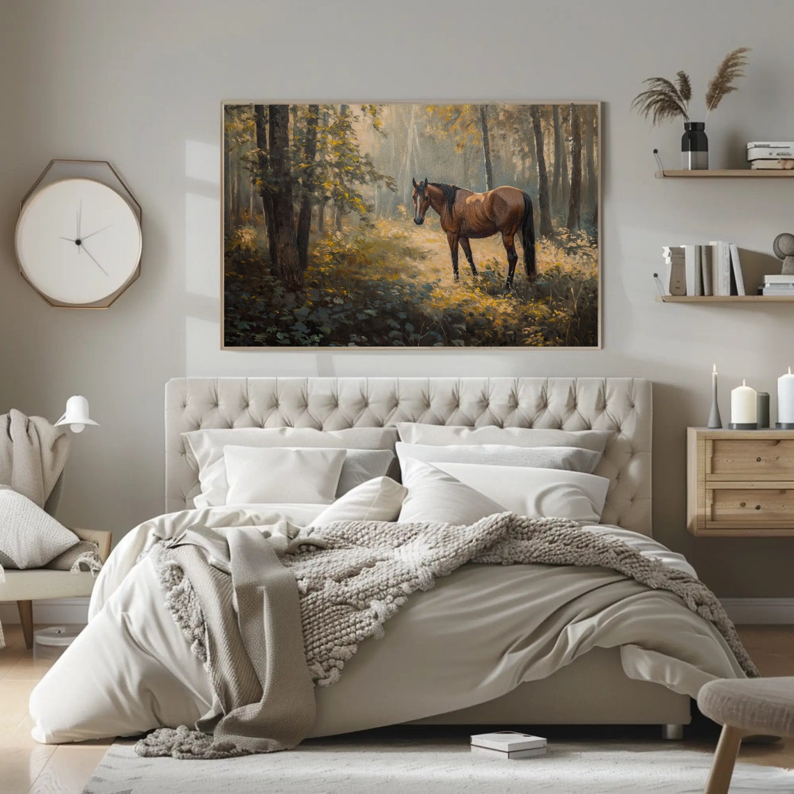 Chestnut Horse Standing in Misty Golden Autumn Forest Poster - Image 4