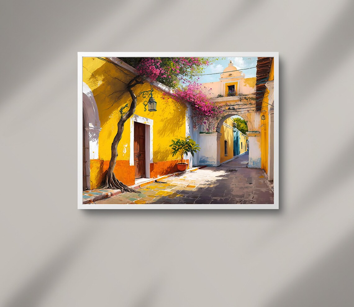 Sunlit Izamal Colonial Alley With Bougainvillea Arch and Church Poster - Image 3