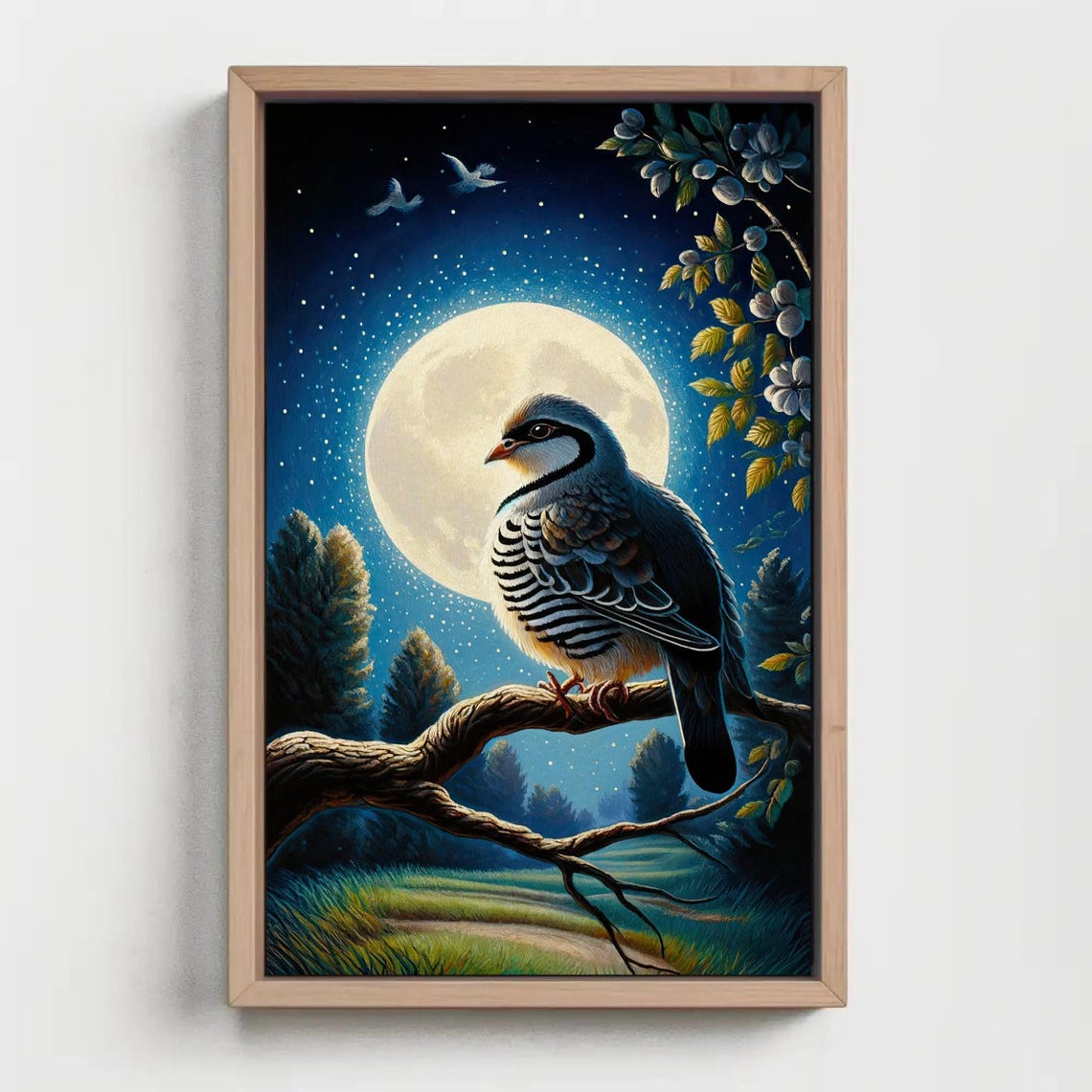Partridge Perched On Branch Beneath Full Moon Night Sky Poster - Image 5