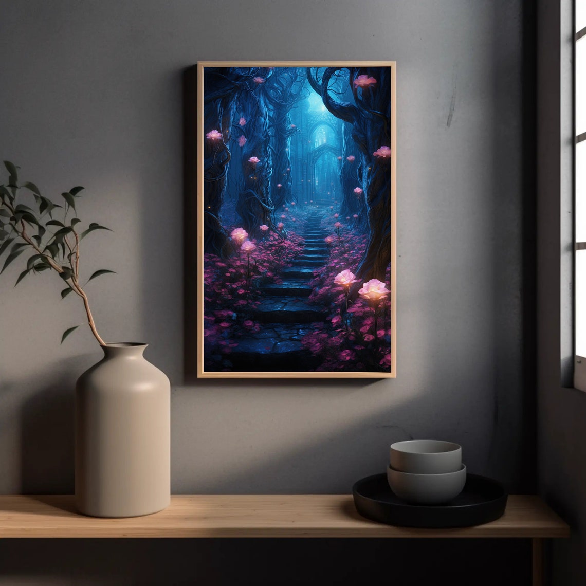 Rose Trail Stone Stairs Blue Fantasy Forest Glowing Flowers Poster - Image 3