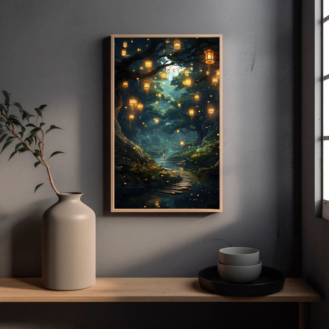 Lantern Forest Stepping Stones Stream Fantasy Night Decor Print - Image 3