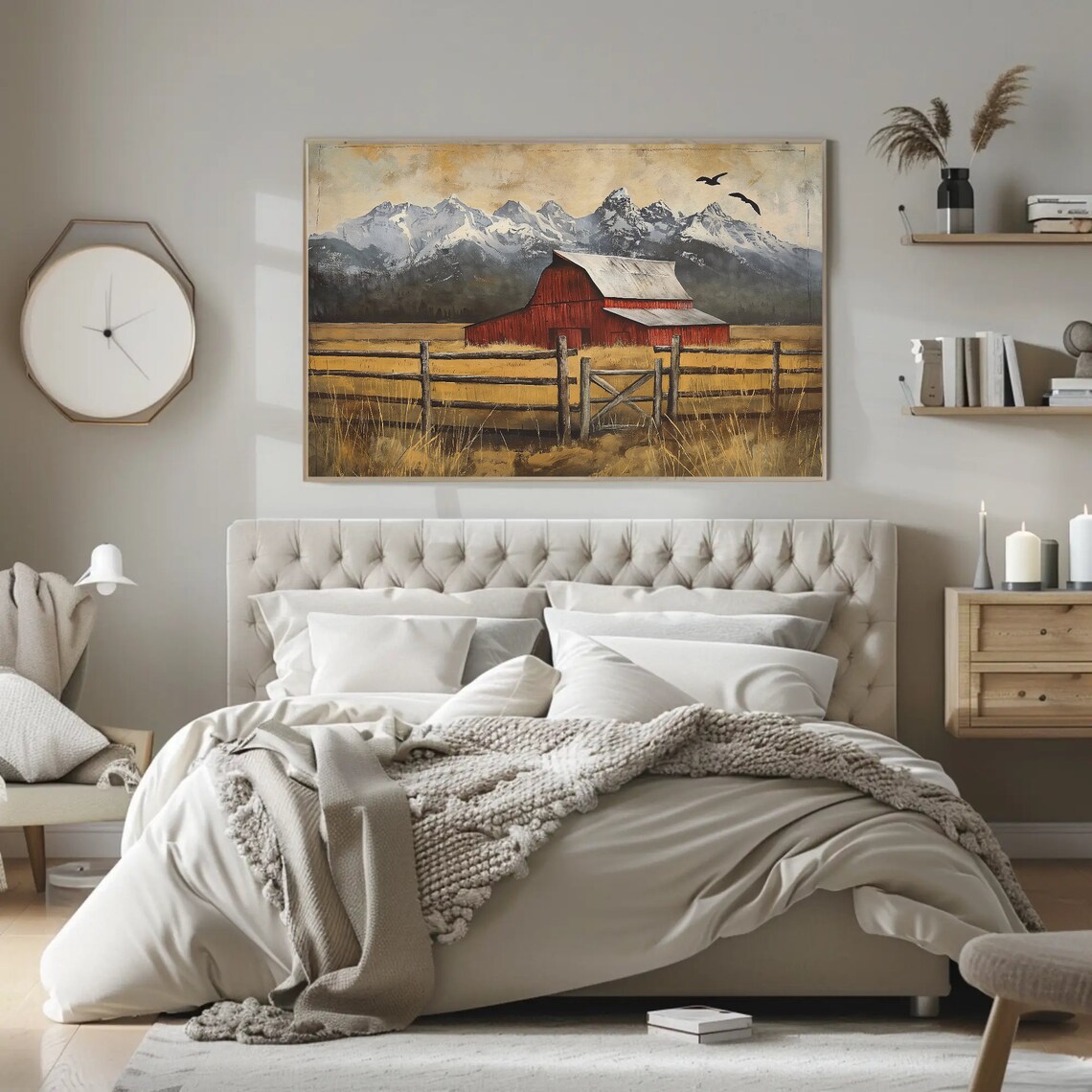 Red Barn In Golden Field Under Snowcapped Peaks Farm Art Poster - Image 4