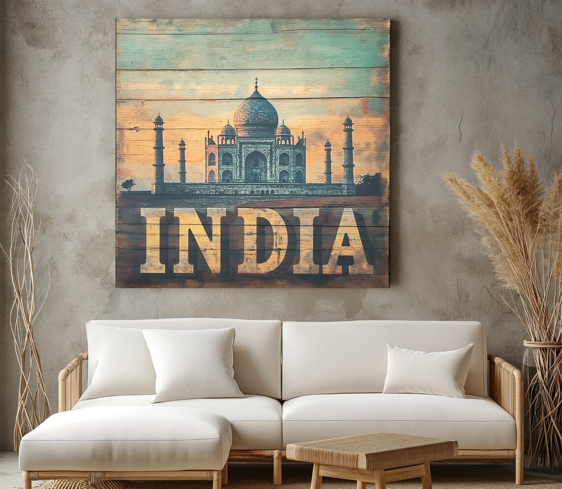 Taj Mahal India Sunset Vintage Sign on Wood Travel Wall Poster