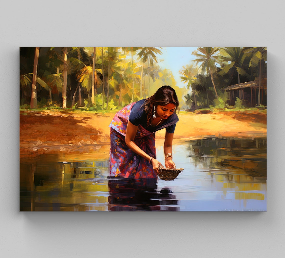 South Indian Woman Gathering Water at a Palm-Lined River Poster