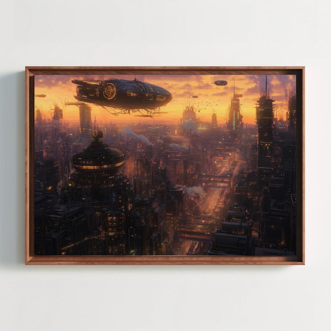 Steampunk Cityscape with Floating Airships at a Fiery Sunset Poster