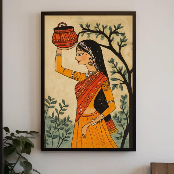 Indian Woman Carrying A Pot Print Madhubani Style Painting Traditional Indian Wall Art For Living Room Or Bedroom Decor
