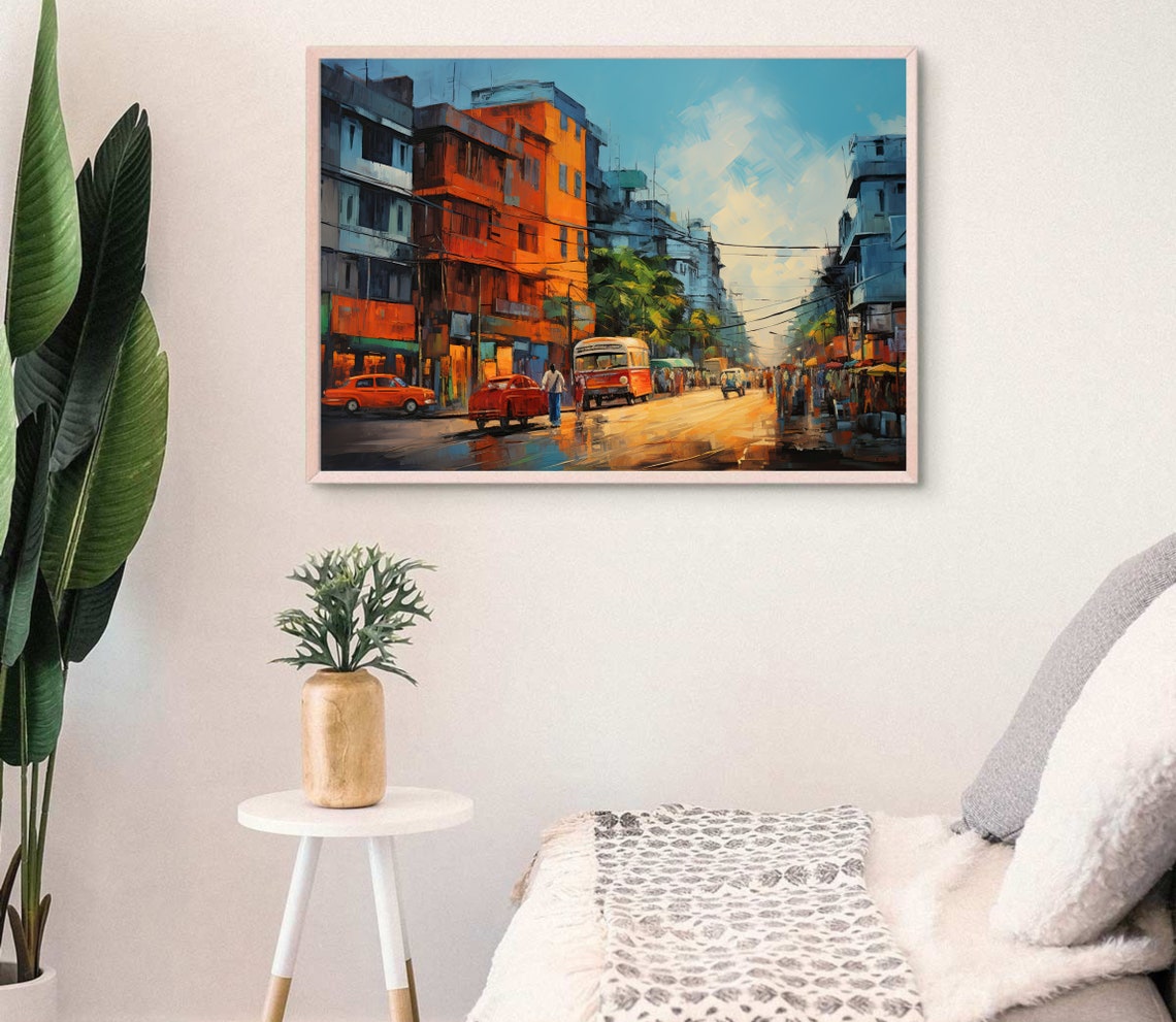 Kolkata Street Scene With Buses Oil Painting in Golden Light Poster - Image 3