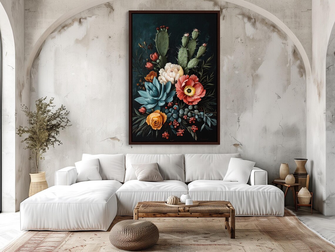 Cactus Roses And Poppies Bouquet Dark Botanical Still Life Poster - Image 3