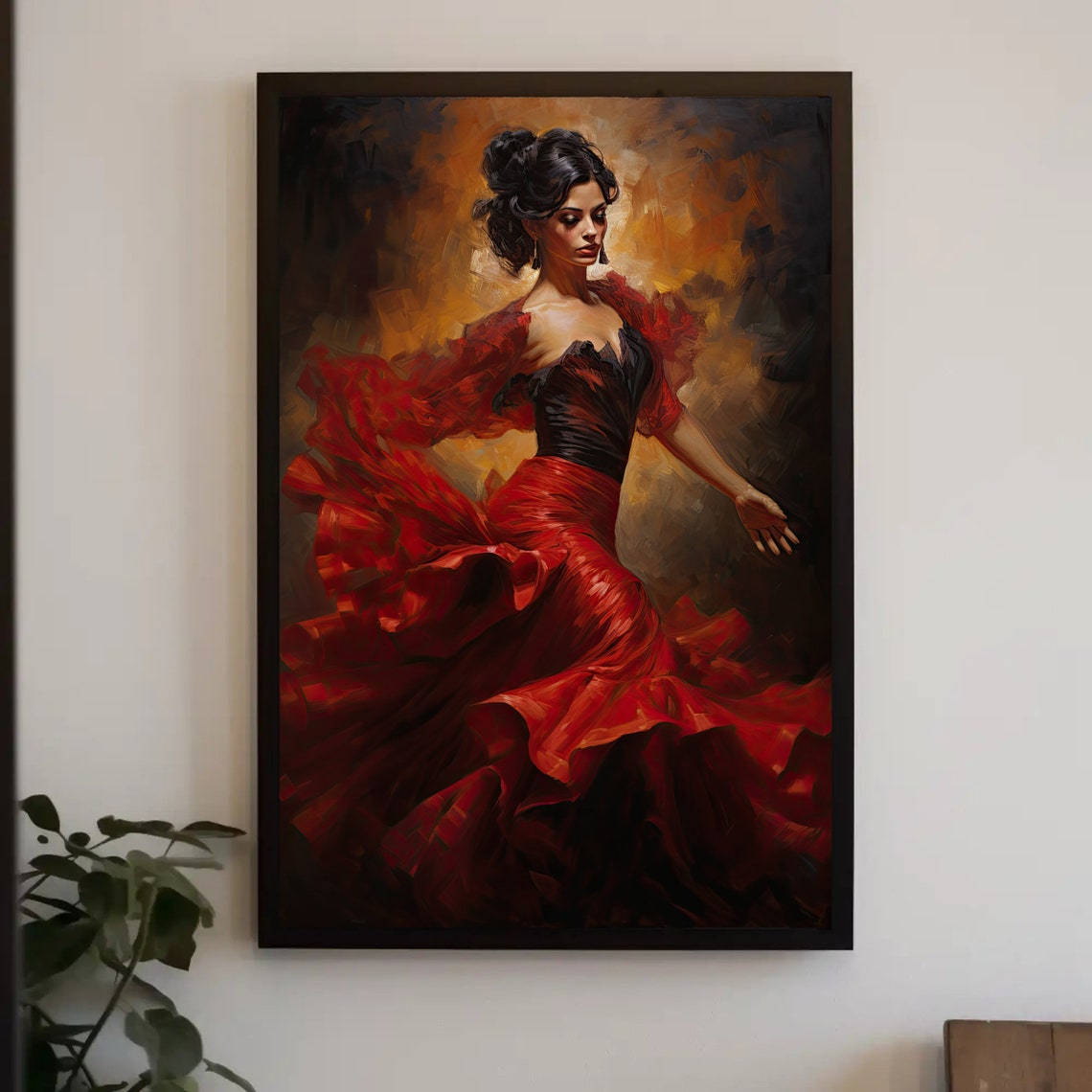 Flamenco Dancer Twirling in Crimson Gown Dramatic Art Poster