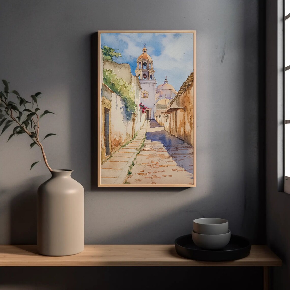 Old Mexican Town Watercolor Street Church Scene Painting Poster - Image 2