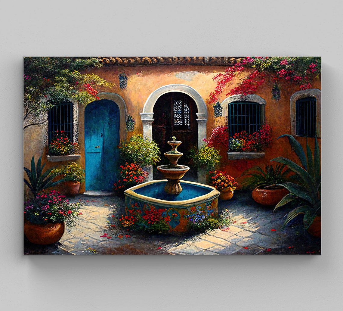 Mexican Courtyard Fountain Blue Door Bougainvillea Garden Art Poster