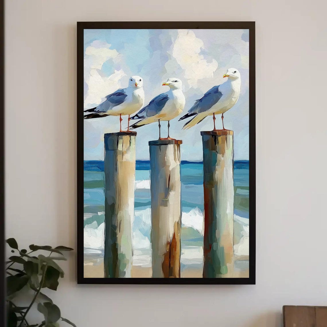 Three Seagulls On Wooden Pilings Coastal Ocean Painting Art Poster
