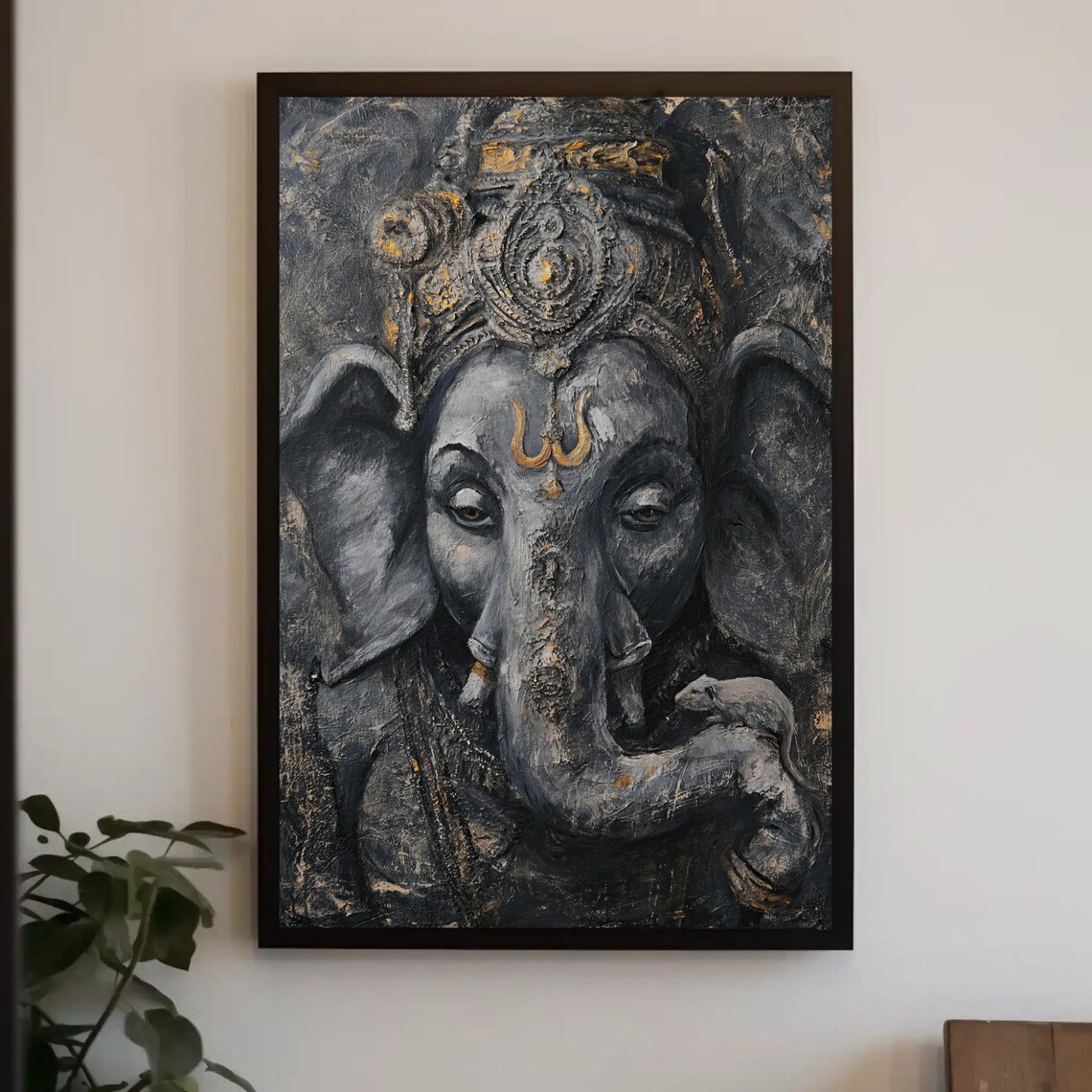 Ganesha with Pet Mouse in Dark Gray and Gold Spiritual Wall Poster