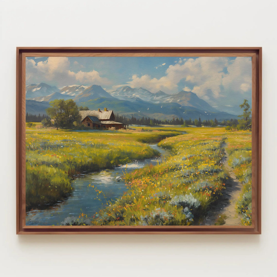 Mountain Meadow Stream And Cabin Vintage Landscape Oil Poster - Image 5