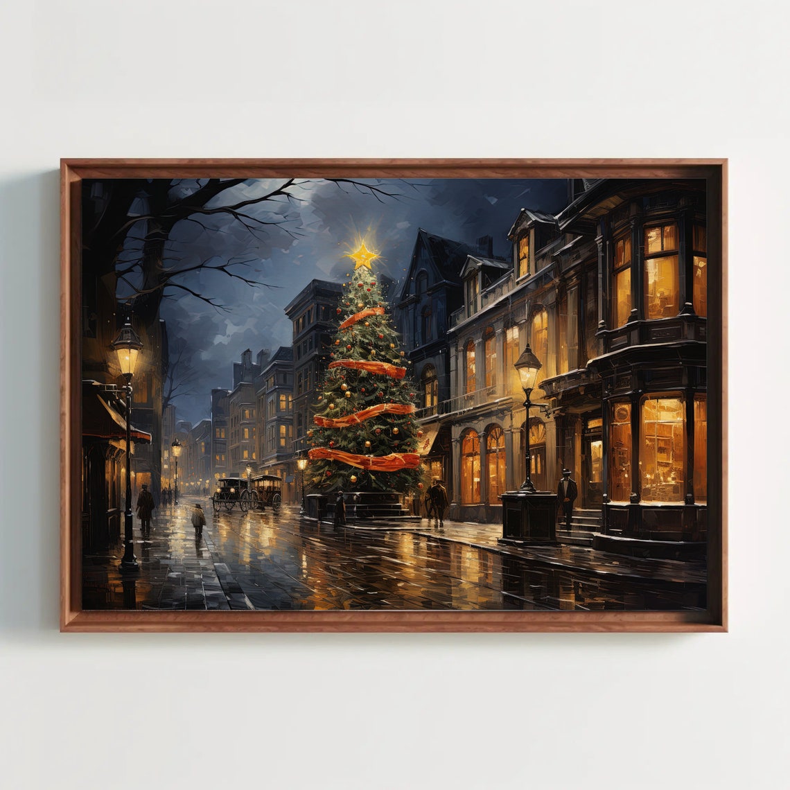 Christmas Tree on a Victorian Winter Street Night Scene Poster