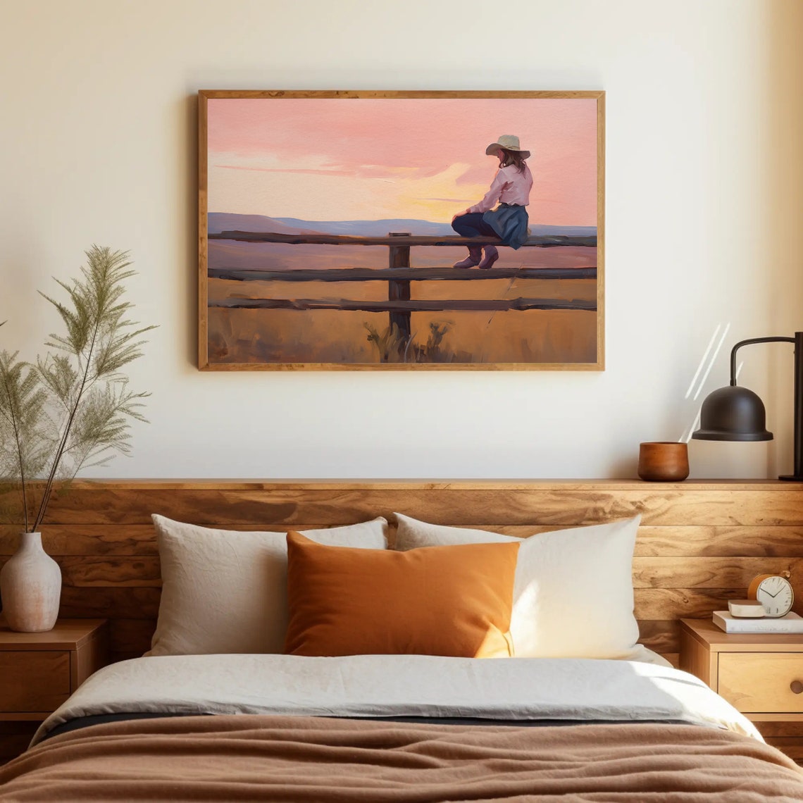 Texas Cowgirl Watching Sunset Wall Decor Cowgirl Texas Retro Western Print Cowgirl Decor Dorm Room Painting Western Oil Painting - Image 3