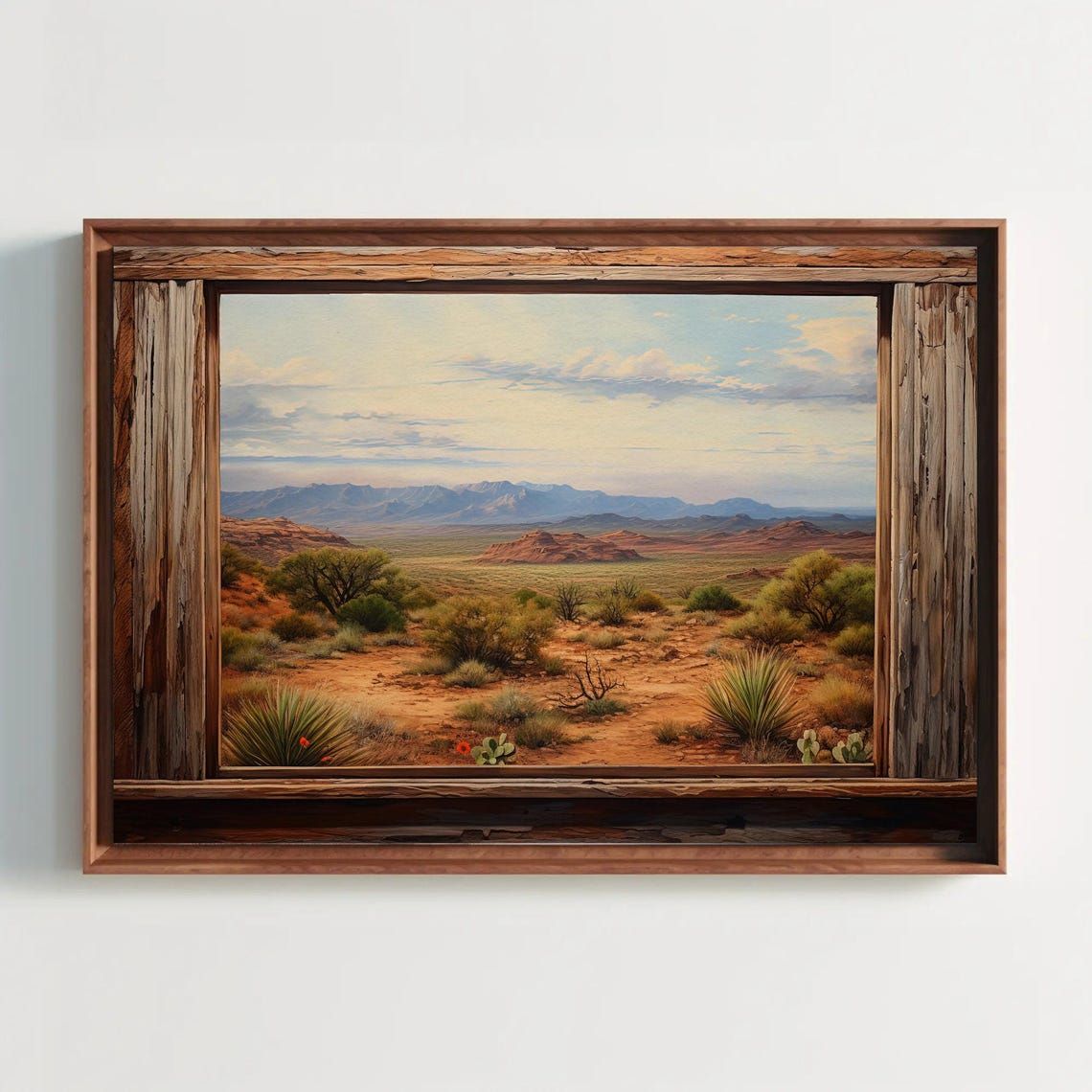 Southwest Desert Valley View Framed by Rustic Wooden Window Poster