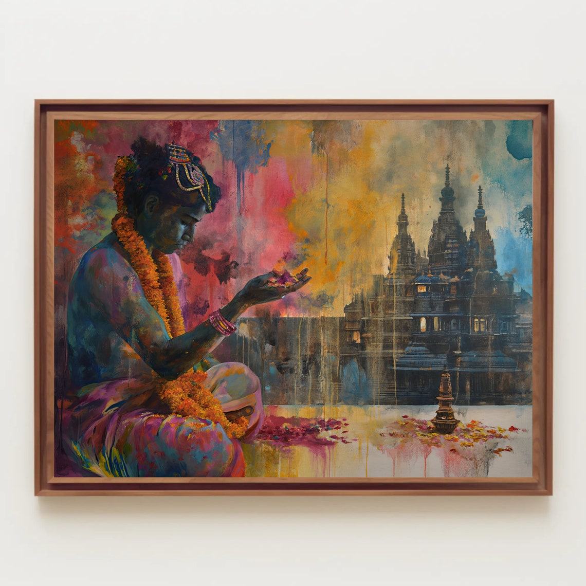 Indian Woman Temple Prayer Marigold Garland Colorful Art Poster - Image 3