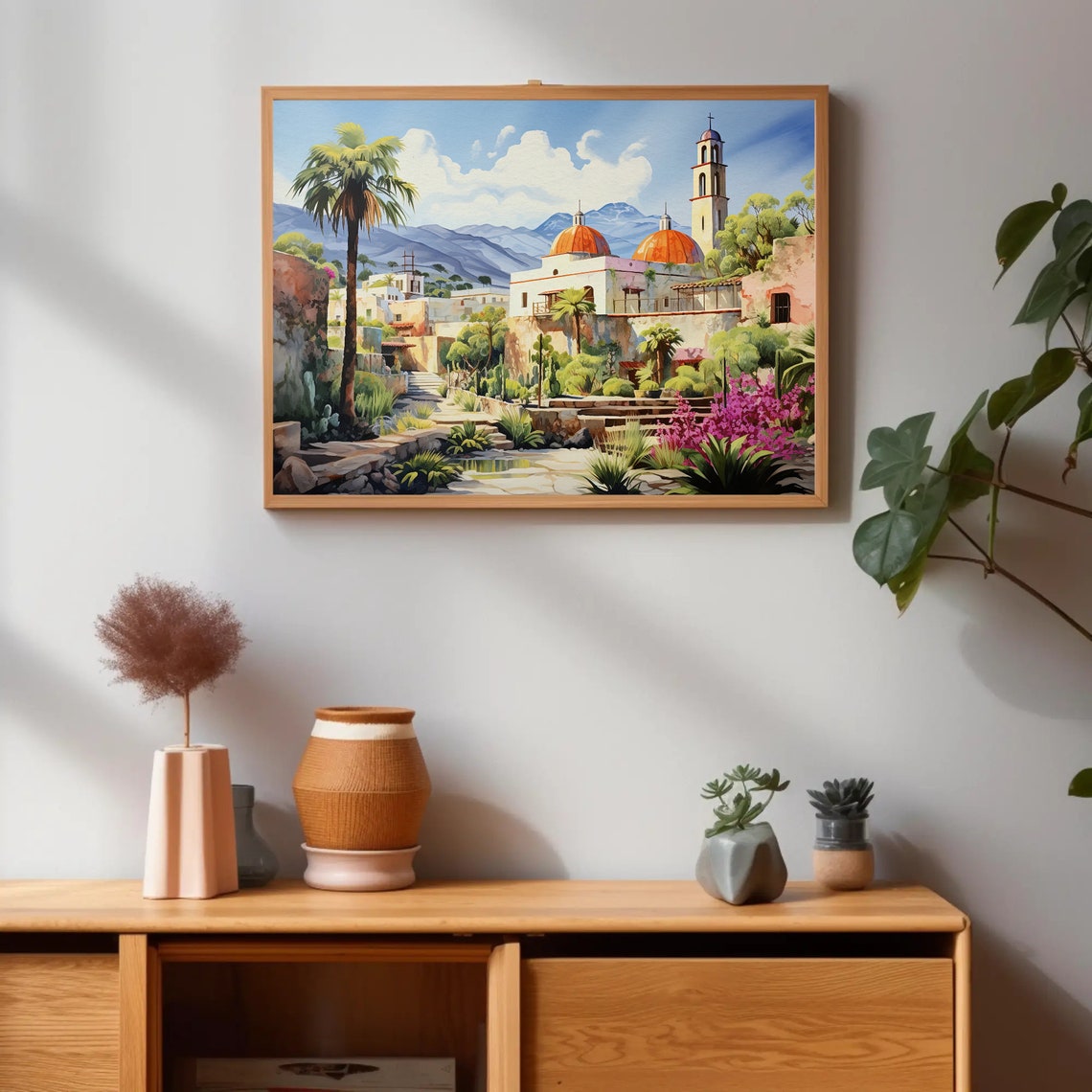 Mexican Colonial Town Orange Domes Bell Tower Garden Scene Poster - Image 4