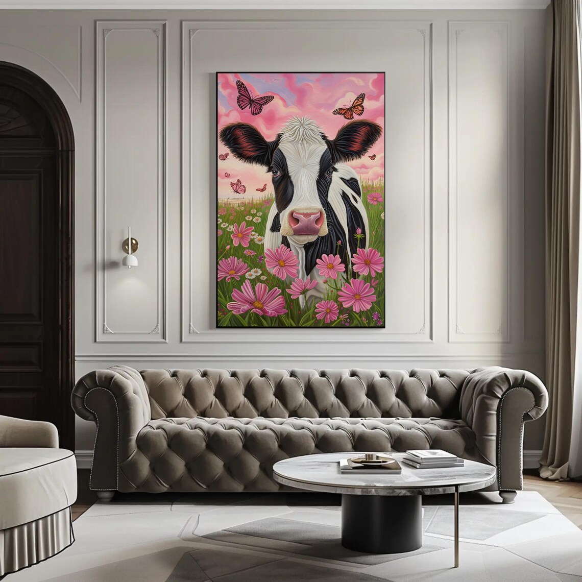 Whimsical Dairy Cow Among Pink Flowers And Butterflies Poster - Image 4