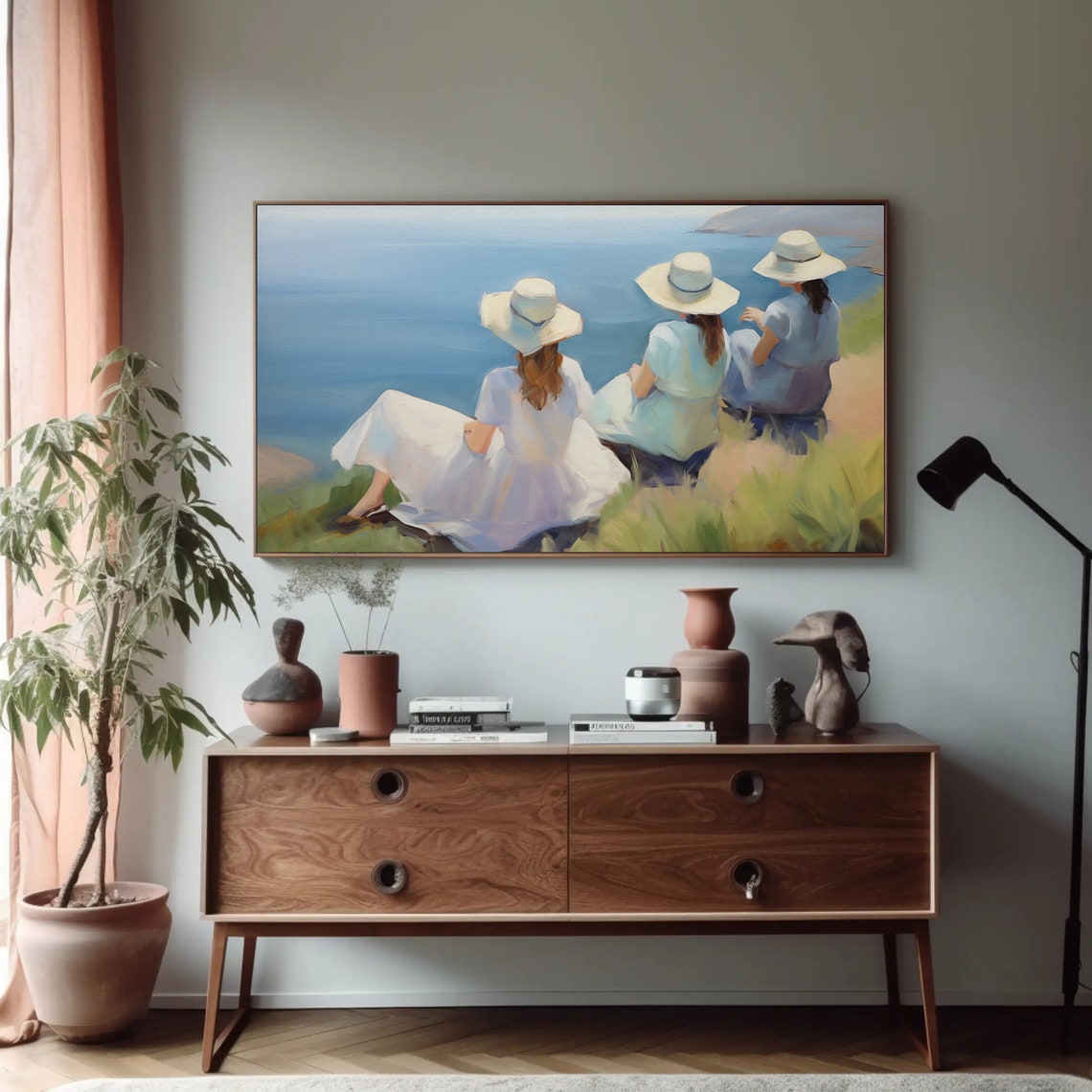 Three Girl Friends Enjoying The Ocean View Of Summer Oil Painting Woman Wall Art Gift For Her Girl Friend Gift Girl Room Wall Decor - Image 5