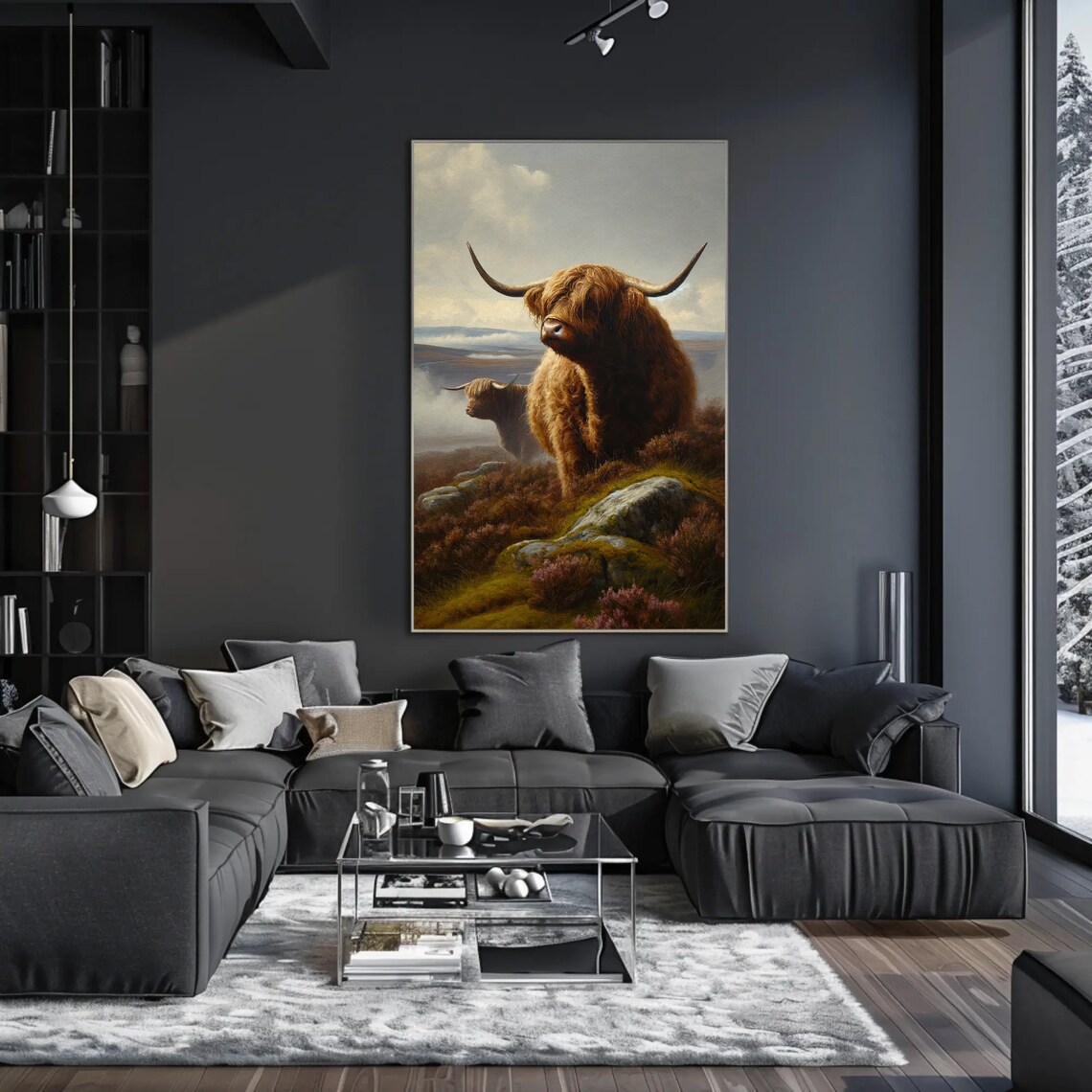 Highland Cow On Heather Hillside Misty Moorland Oil Painting Poster - Image 4